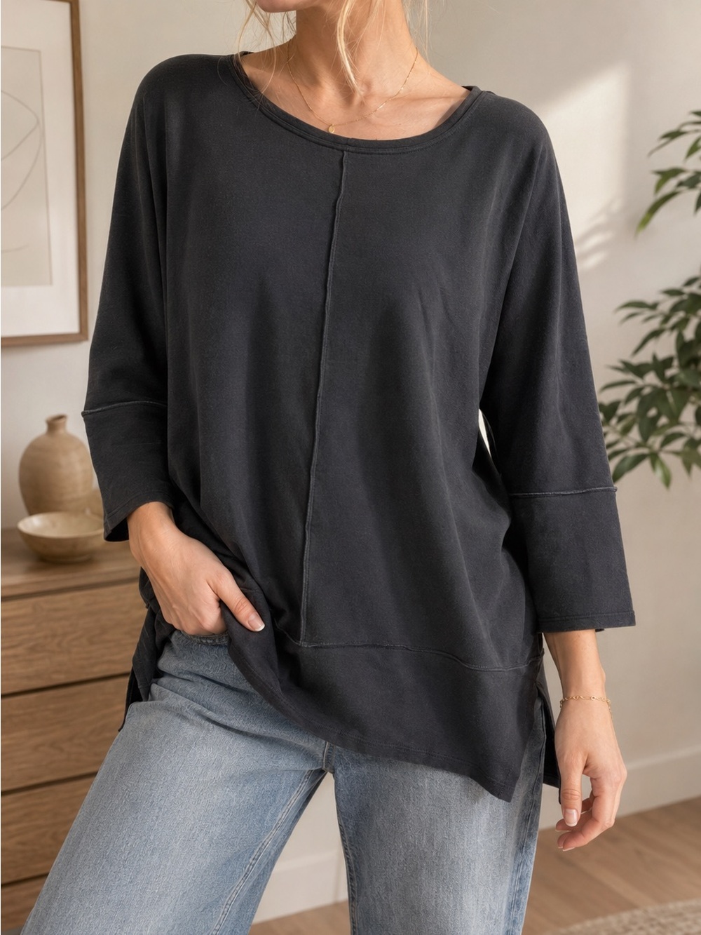 SPANX Top Women L Black Oversized Tunic 3/4 Sleeve Soft Stretch Pullover